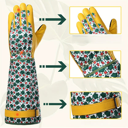 Women’s Gardening Gloves – Durable Green Floral Print Thorn-Proof Cowhide Gauntlet with Touchscreen Feature, Breathable Yard Work Accessory