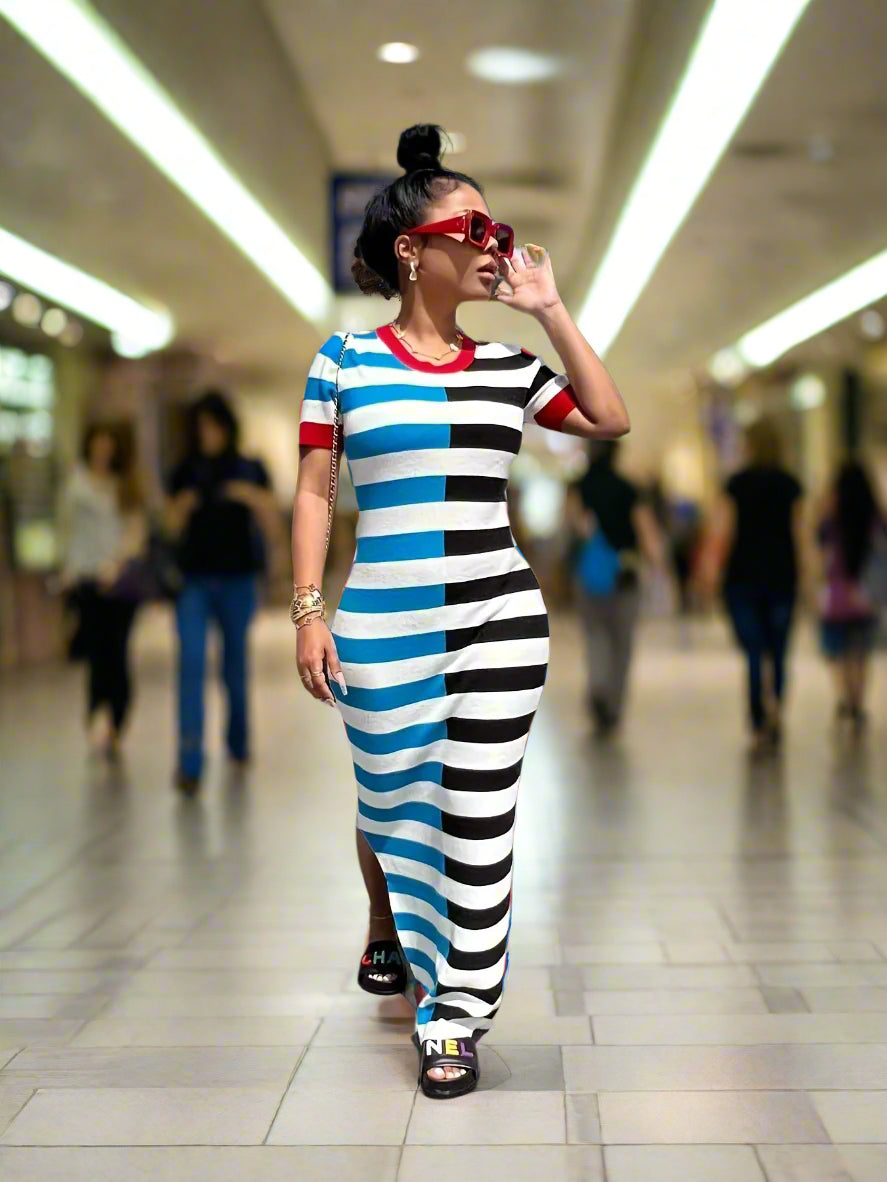 Chic Short SleeveStriped Dress – Round Neck, Polyester-Spandex Blend for Spring and Summer Casual Comfort, Machine Washable