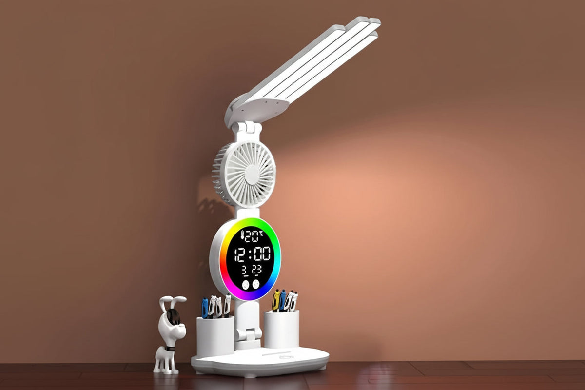 Smart Touch LED Desk Lamp with USB – Dual-Head Dimmable Reading Lamp with Fan and Night Light