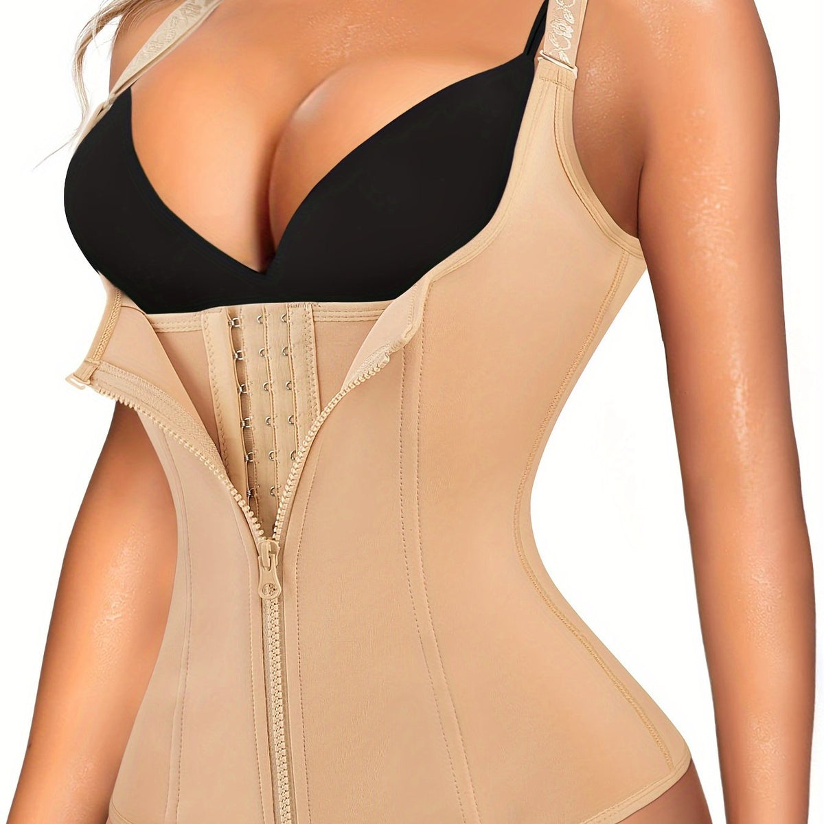 Women’s Open-Bust Tummy Control Black Zipper Cami Top –  Waist Trainer Shapewear for Curves and Hourglass Figure