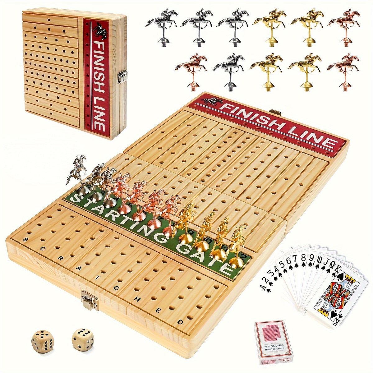 Foldable Solid Wooden Horse Racing Board Game – 21-Inch Wood Table Set with 11 Metal Horses, Poker Chips, Cards & Dice for Family Fun Nights