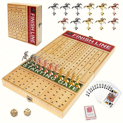Foldable Solid Wooden Horse Racing Board Game – 21-Inch Wood Table Set with 11 Metal Horses, Poker Chips, Cards & Dice for Family Fun Nights