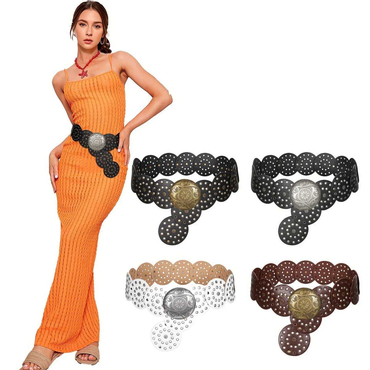 Wide Hollow Faux Leather Women’s Belt – Boho Western Cowgirl Waist Belt for Dresses, Jeans and Retro Fashion Styling