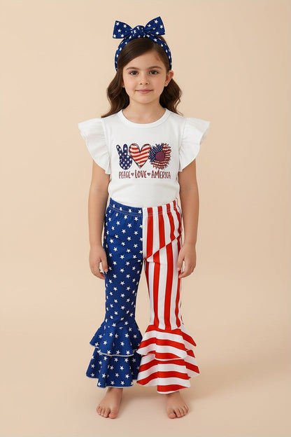 Girls’ 4th of July Flared Pants Set – Patriotic Color-Block Outfit for Toddlers, Perfect for Summer Celebrations & Outdoor Event