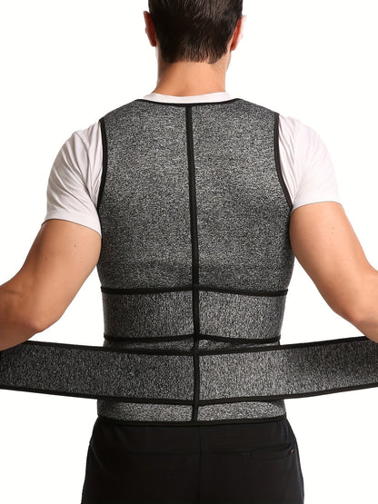 Men's Double Belt Shapewear Vest - High-Performance Neoprene Sweat Bodysuit - Extreme Waist Cincher & Belly Control - Firm Compression, Sporty Gray