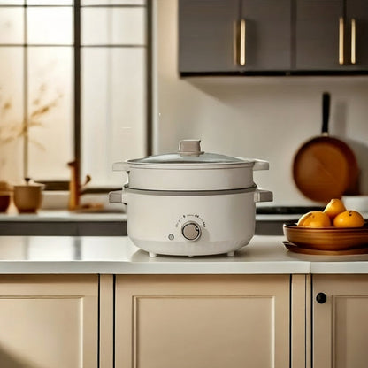 Large Capacity Electric Hot Pot with Steamer – Stainless Steel Multi-Function Cooker with Temperature Control & Non-Stick Liner
