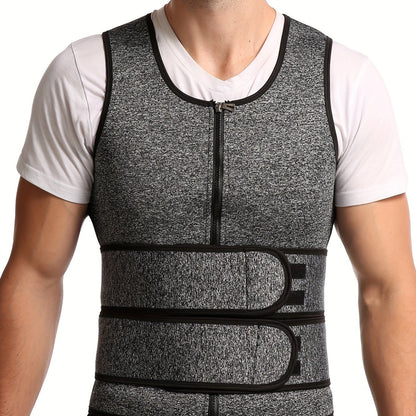 Men's Double Belt Shapewear Vest - High-Performance Neoprene Sweat Bodysuit - Extreme Waist Cincher & Belly Control - Firm Compression, Sporty Gray