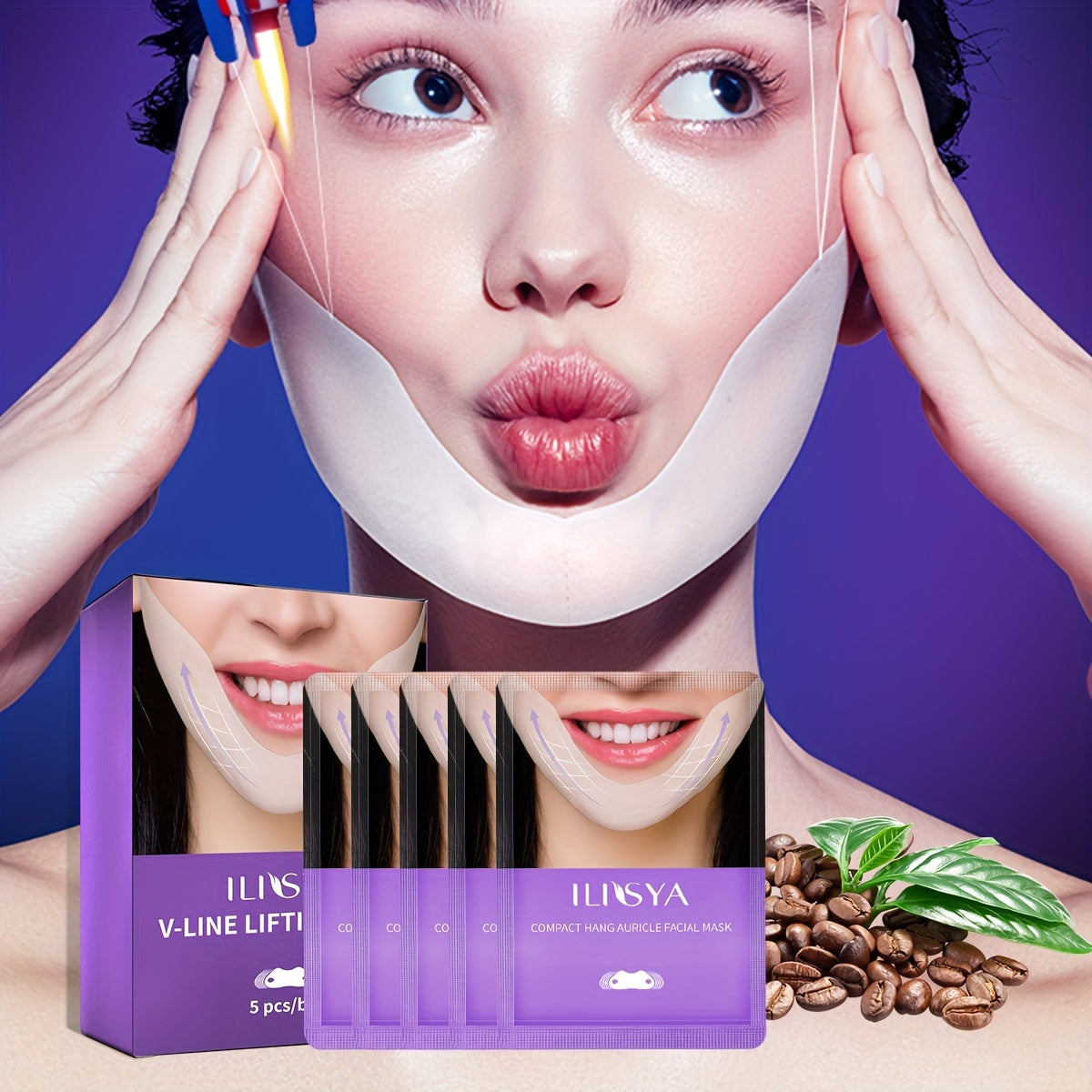 V-Line Lifting Masks with Ear Loops – 5pcs Masks with Hyaluronic Acid & Plant Extracts for Firming, Sculpting & Moisturizing Youthful Skin