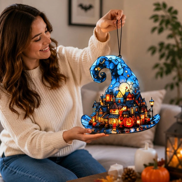 Halloween Witch Hat Hanging Decoration – Acrylic Pumpkin Town Window Pendant Ornament for Bedroom, Living Room, Home, and Party Décor