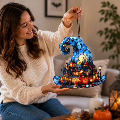 Halloween Witch Hat Hanging Decoration – Acrylic Pumpkin Town Window Pendant Ornament for Bedroom, Living Room, Home, and Party Décor