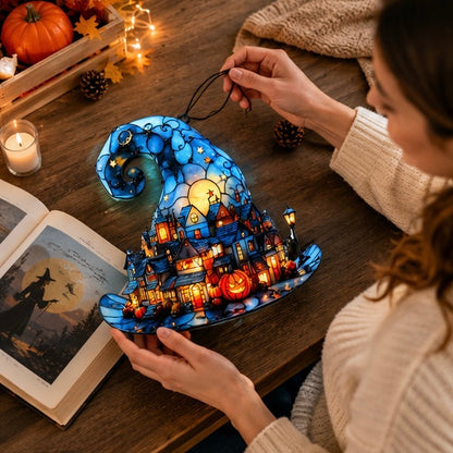 Halloween Witch Hat Hanging Decoration – Acrylic Pumpkin Town Window Pendant Ornament for Bedroom, Living Room, Home, and Party Décor