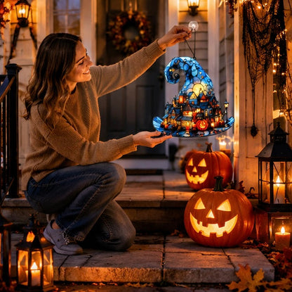 Halloween Witch Hat Hanging Decoration – Acrylic Pumpkin Town Window Pendant Ornament for Bedroom, Living Room, Home, and Party Décor