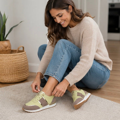 Women's Platform Sneakers - Leather Patchwork Casual Running Shoes with Elevated Sole and Stylish Everyday Comfort