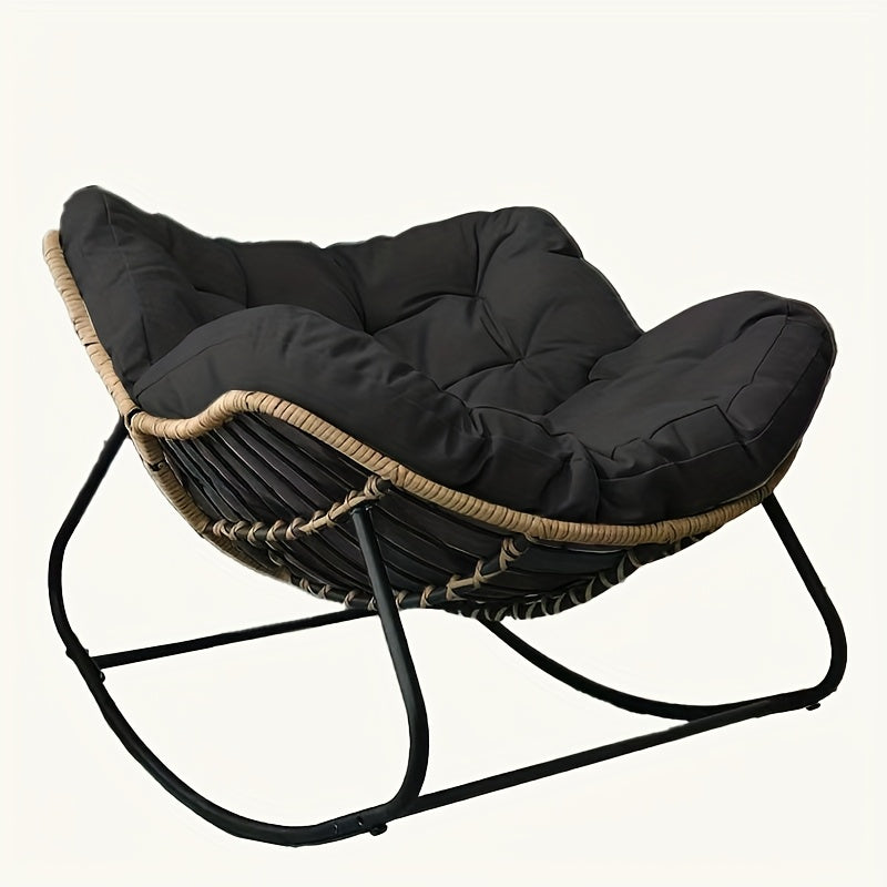 Oversized Outdoor Rocking Papasan Chair – Wicker Egg Lounge Chair with Thick Cushion for Patio and Backyard