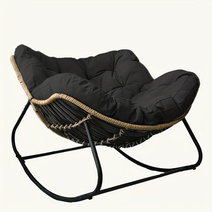 Oversized Outdoor Rocking Papasan Chair – Wicker Egg Lounge Chair with Thick Cushion for Patio and Backyard