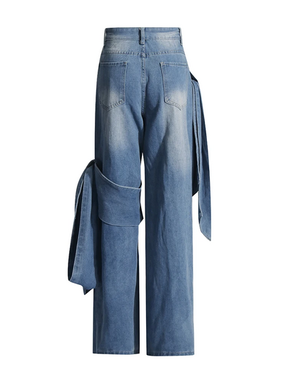 Wide Leg Patchwork Bow Jeans – High-Waist Straight Leg Denim with Feminine Streetwear Flair and Pocket Detailing