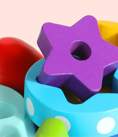 Rocket Tower Wooden Blocks Game – Montessori-Inspired Color & Shape Stacking Toy for Kids’ Cognitive Learning and Fine Motor Development