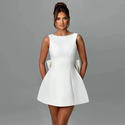 White Pearl Big Bow Backless Mini Dress – Sexy 2024 A-Line Bodycon for Elegant Evenings, Parties & Date Nights