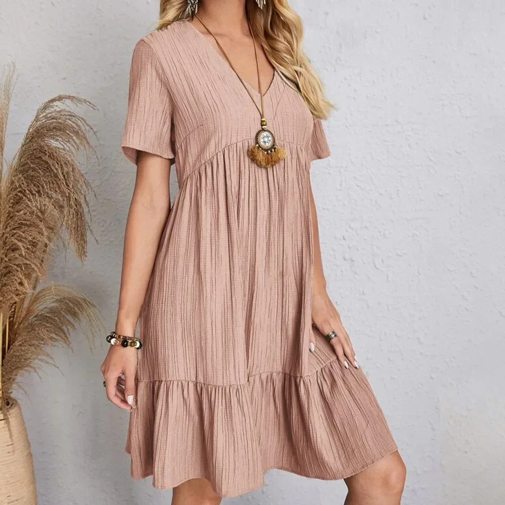 Plus Size Belted V-Neck Short Sleeve Summer Dress – European Casual Short Sleeve Elegant Maxi for Stylish Curvy Women