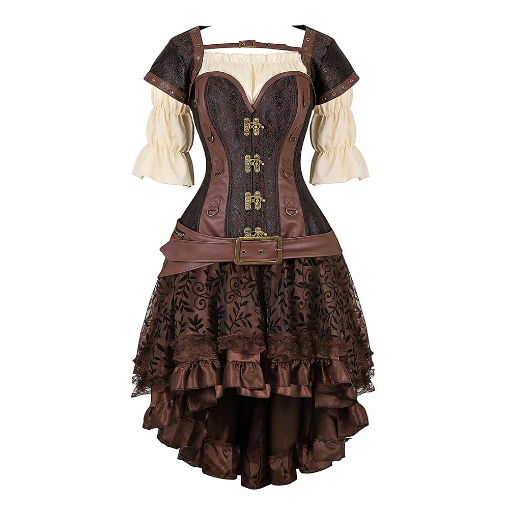 Women’s Pirate Corset Dress – Plus Size Brown Faux Leather Steampunk Costume with Off-Shoulder Blouse for Halloween Party Cosplay