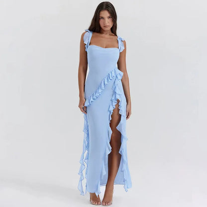 Sexy Spaghetti Strap Thigh High Split Bodycon Dress – Backless, Low-Cut Ruffle Gown for Elegant Evening & Party Glamour