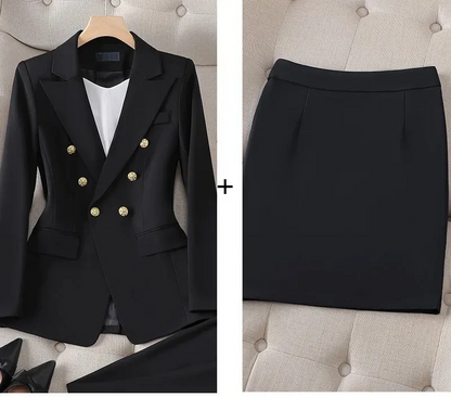 Women's Pant Suit – Double Breasted Business Blazer Set, Gold Buttons – Blazer, Pants or Skirt