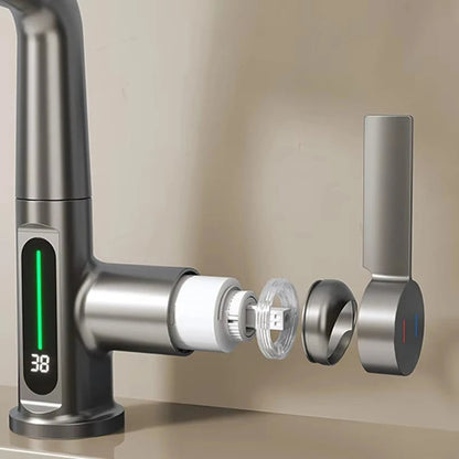 Waterfall Pull-Out Faucet with Intelligent Digital Temperature Display – Battery-Free Rainfall Kitchen & Bathroom Tap for Elegant, Smart Flow Control