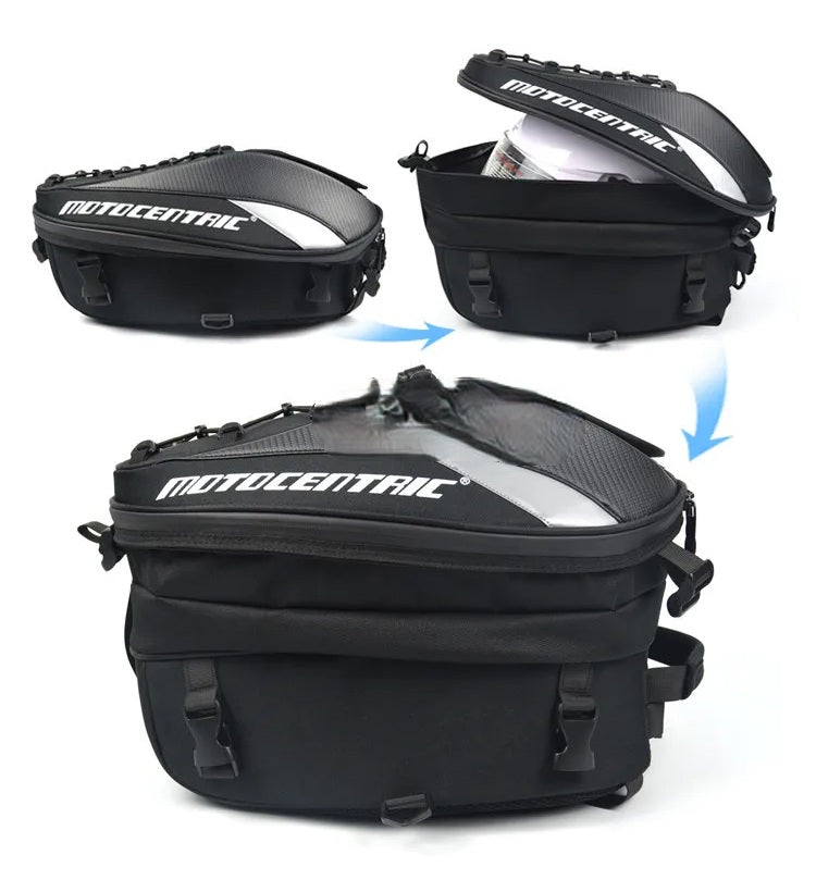 Motocentric Waterproof Tail Bag – High-Capacity Multipurpose Motorcycle Rear Seat Storage & Rider Backpack with Durable Material & Secure Design