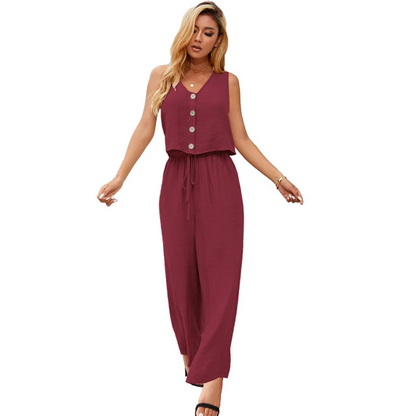 Cotton Linen Two-Piece Office Set – V-Neck Vest & Wide Leg Pants for Casual Elegance and Everyday Comfort