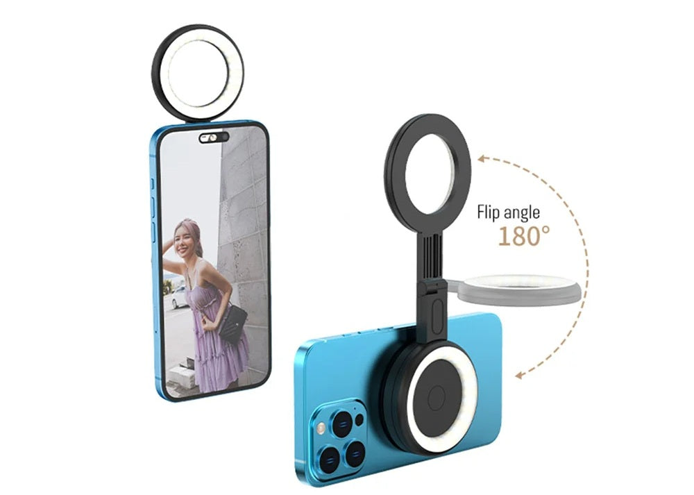 Magnetic Selfie Ring Light – Adjustable 180° Flip LED Fill Light Bracket for iPhone 15/14/13/12 & Android Makeup Glow