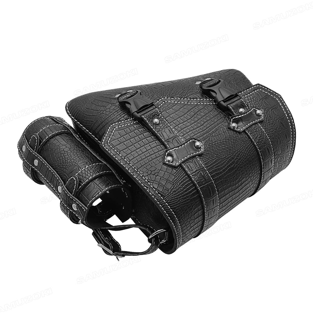 Universal Crocodile Pattern Motorcycle Saddle Bag – Black Plastic Buckle Pouch for Left/Right Side Storage & Tool Organizer on Rides