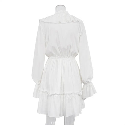 Sexy V-Neck Pleated Ruffle Mini Skater Dress – Long Sleeve, Flared Hem, & Autumn-Winter Feminine Elegance