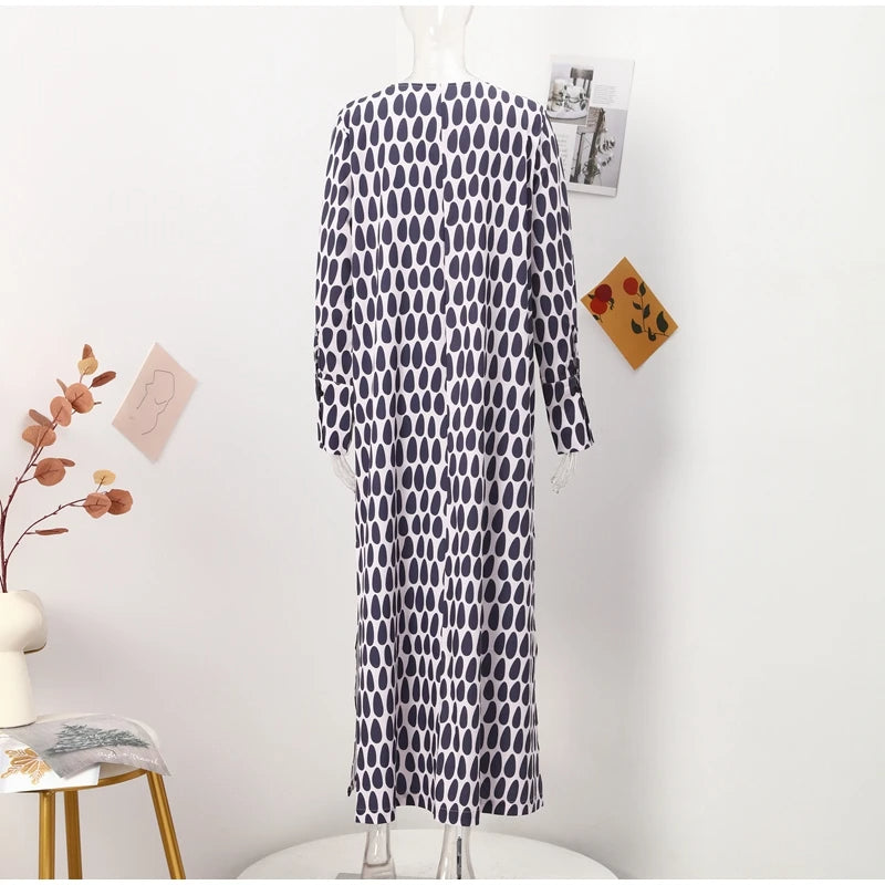 Floral Geometric Split Dress – Women’s Summer Long Sleeve V-Neck Ankle-Length Print Dress for Casual Fashion and Comfortable Elegance