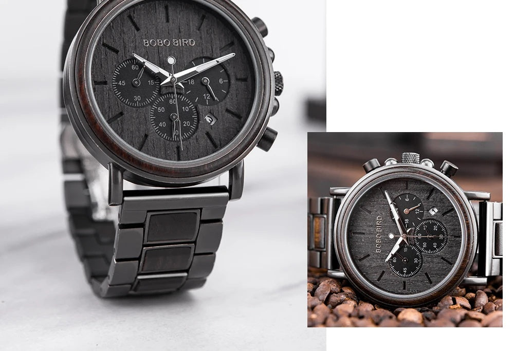 Wooden Men’s Watch Relogio Masculino – Stylish Chronograph Military Timepiece in Gift Box, Eco-Friendly Design for Everyday Elegance