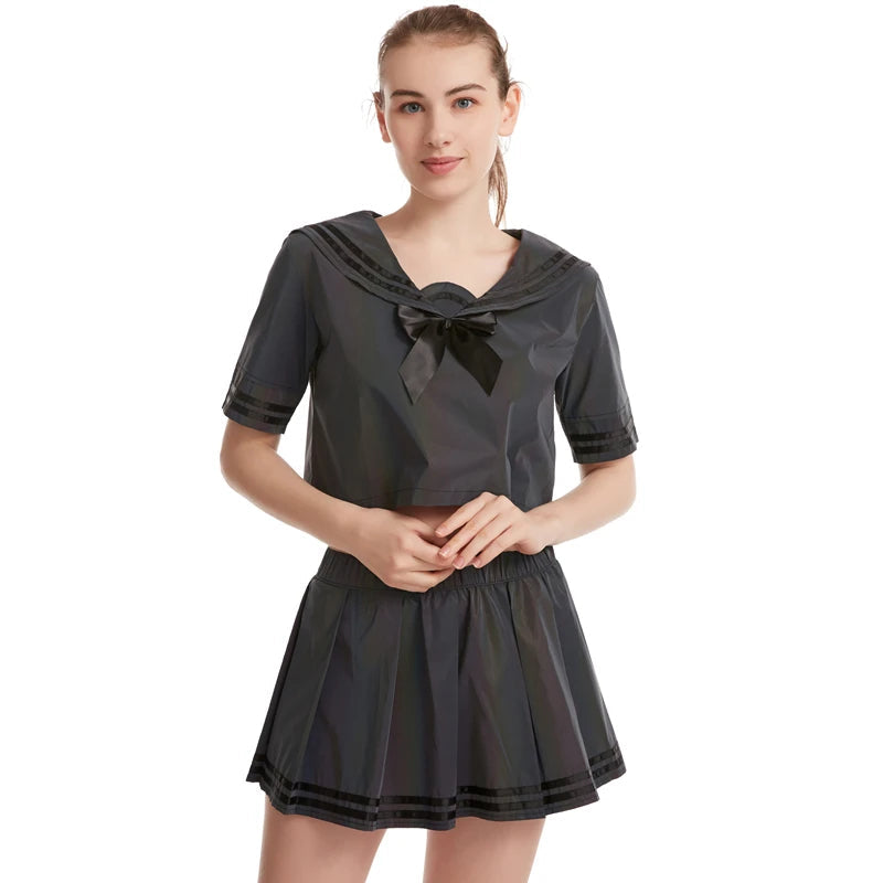 Sexy Colorful Reflective Pleated Two Piece Set – Women’s Blouse and Skirt Outfit with Kawaii Style, Trendy Streetwear Party Fashion Ensemble