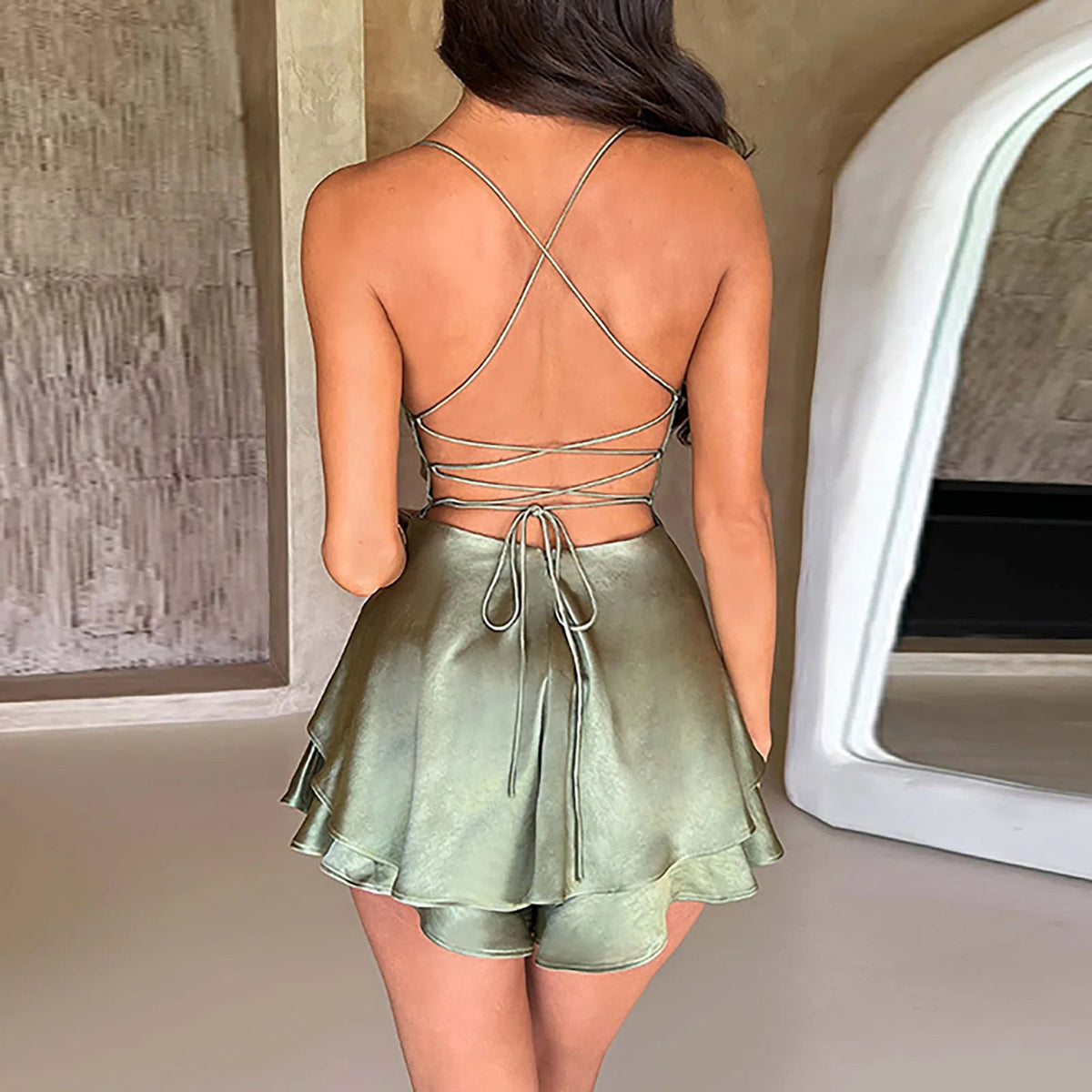 Silky Satin Suspender Skirt Wrap Dress – Low-Cut Body-Hugging  A-Line Short Dress for Party Glam