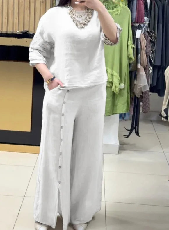 Women’s Loose Two-Piece Summer Set – Casual Button Shirt with 3/4 Sleeves and Slit Wide-Leg Pants for Effortless 2025 Style and Relaxed Elegance