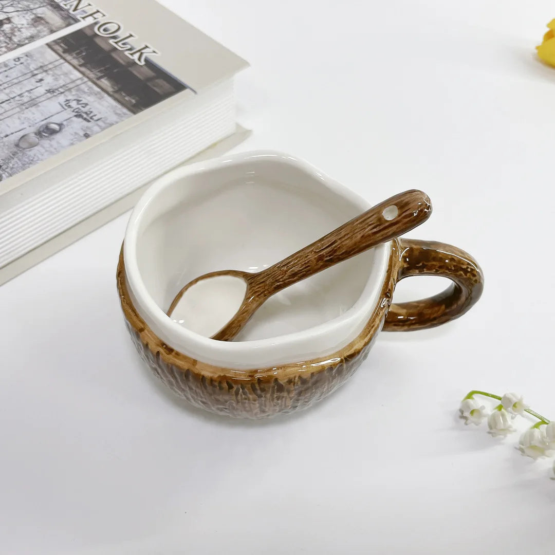 Retro Coconut Shell Ceramic Mug – Hand-Pinched Irregular Coffee and Milk Tea Cup for Vintage Aesthetic Drinkware Lovers