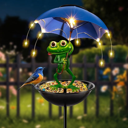 Outdoor Frog Statue Solar Street Light –  Garden Decor with LED String Lights, Bird & Hummingbird Feeder Channel for Lawns, Terraces, Aisles & Pathway Illumination