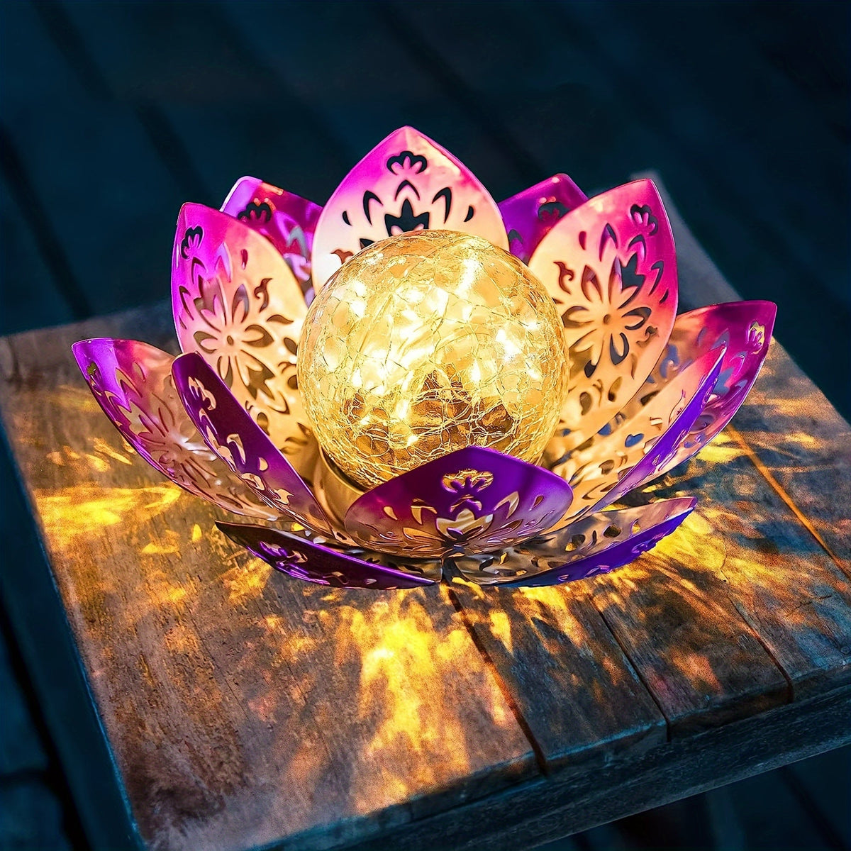 Solar Lotus Step Lights – Hollow Purple LED Garden Lamps with Cracked Glass Globe for Outdoor Patio, Porch, Lawn, Path & Staircase Decorative Lighting