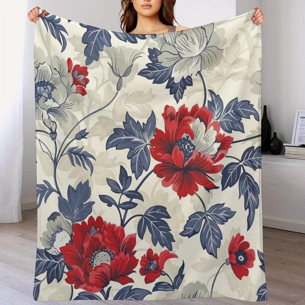 Red White & Blue Floral Summer Throw Blanket – Soft Flannel 4th of July Cozy Decor Blanket for Bed, Couch & Home Comfort with Single-Sided Printing
