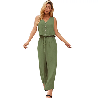 Cotton Linen Two-Piece Office Set – V-Neck Vest & Wide Leg Pants for Casual Elegance and Everyday Comfort