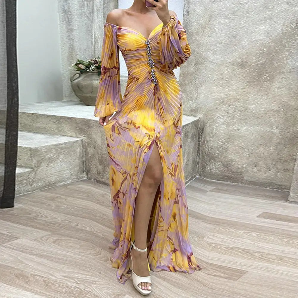 Elegant Women’s Off-Shoulder Maxi Dress – Pleated Lantern Sleeves, Split Hem, Rhinestone Waist Party Dress for Formal Occasions