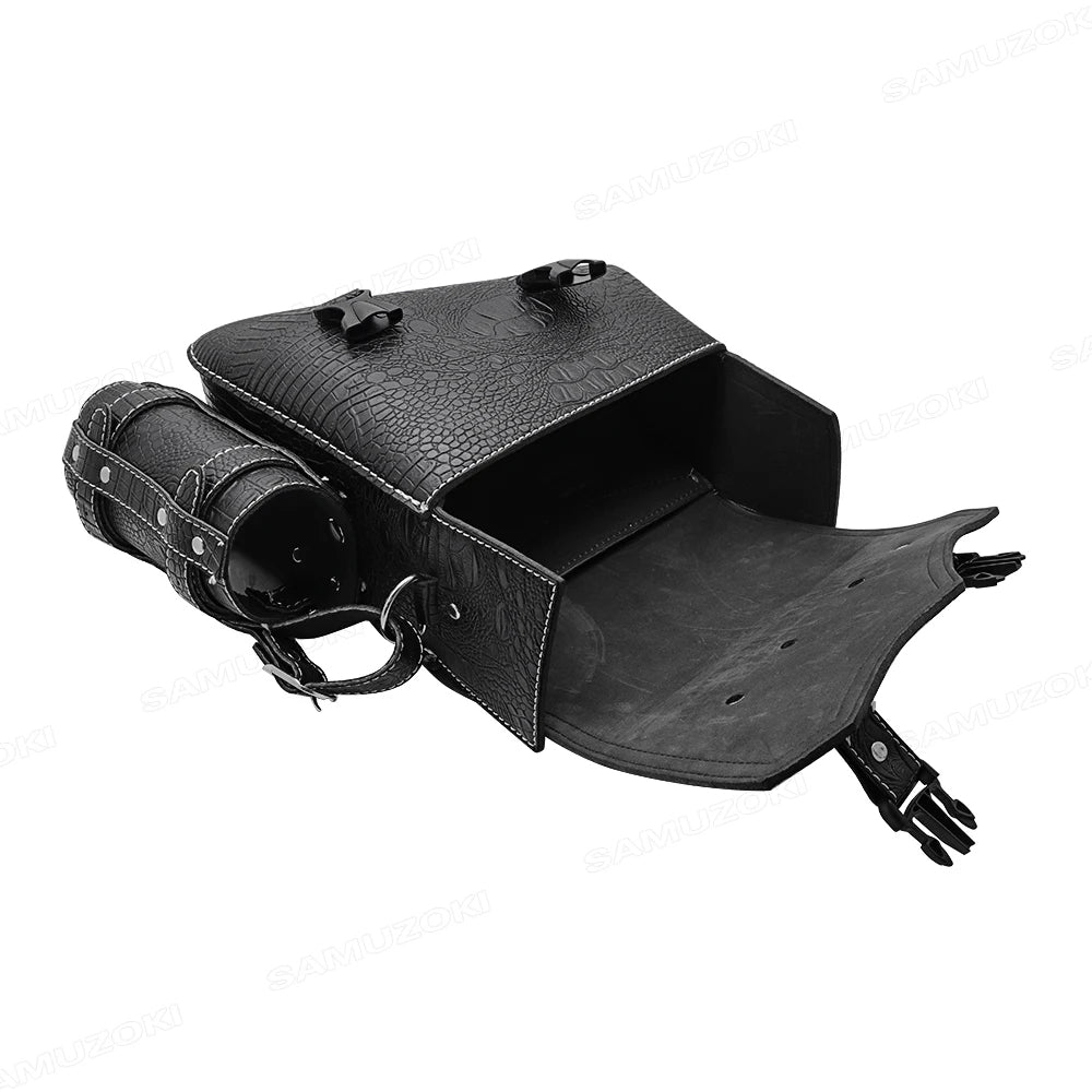 Universal Crocodile Pattern Motorcycle Saddle Bag – Black Plastic Buckle Pouch for Left/Right Side Storage & Tool Organizer on Rides