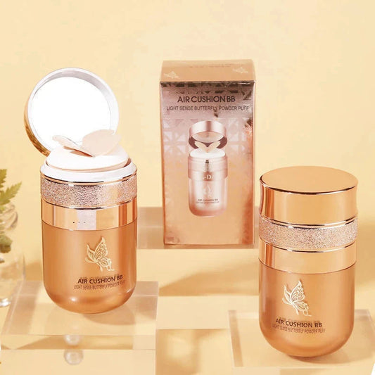 Air Cushion BB Cream with Butterfly Puff – Full-Coverage, Moisturizing, Waterproof Foundation for Flawless, Oil-Free Glowing Skin