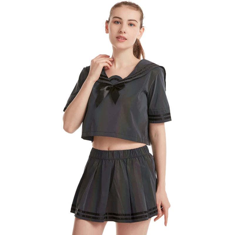 Sexy Colorful Reflective Pleated Two Piece Set – Women’s Blouse and Skirt Outfit with Kawaii Style, Trendy Streetwear Party Fashion Ensemble