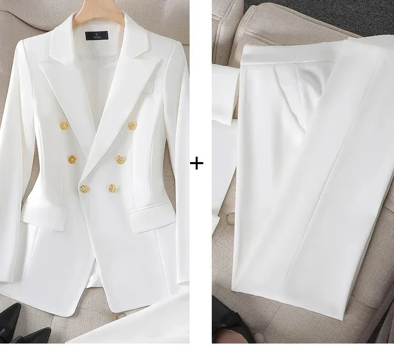 Women's Pant Suit – Double Breasted Business Blazer Set, Gold Buttons – Blazer, Pants or Skirt