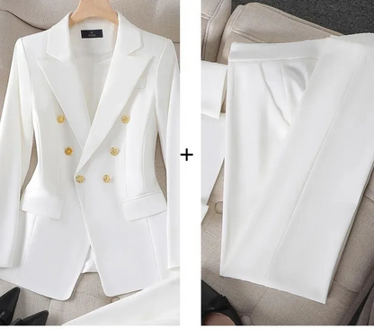 Women's Pant Suit – Double Breasted Business Blazer Set, Gold Buttons – Blazer, Pants or Skirt