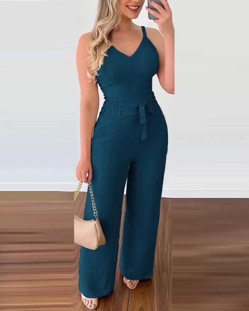 Solid Color V-Neck Shirred Jumpsuit for Women – Chic One-Piece Pants Set for Summer Dates & Casual Confidence
