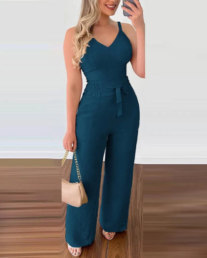 Solid Color V-Neck Shirred Jumpsuit for Women – Chic One-Piece Pants Set for Summer Dates & Casual Confidence